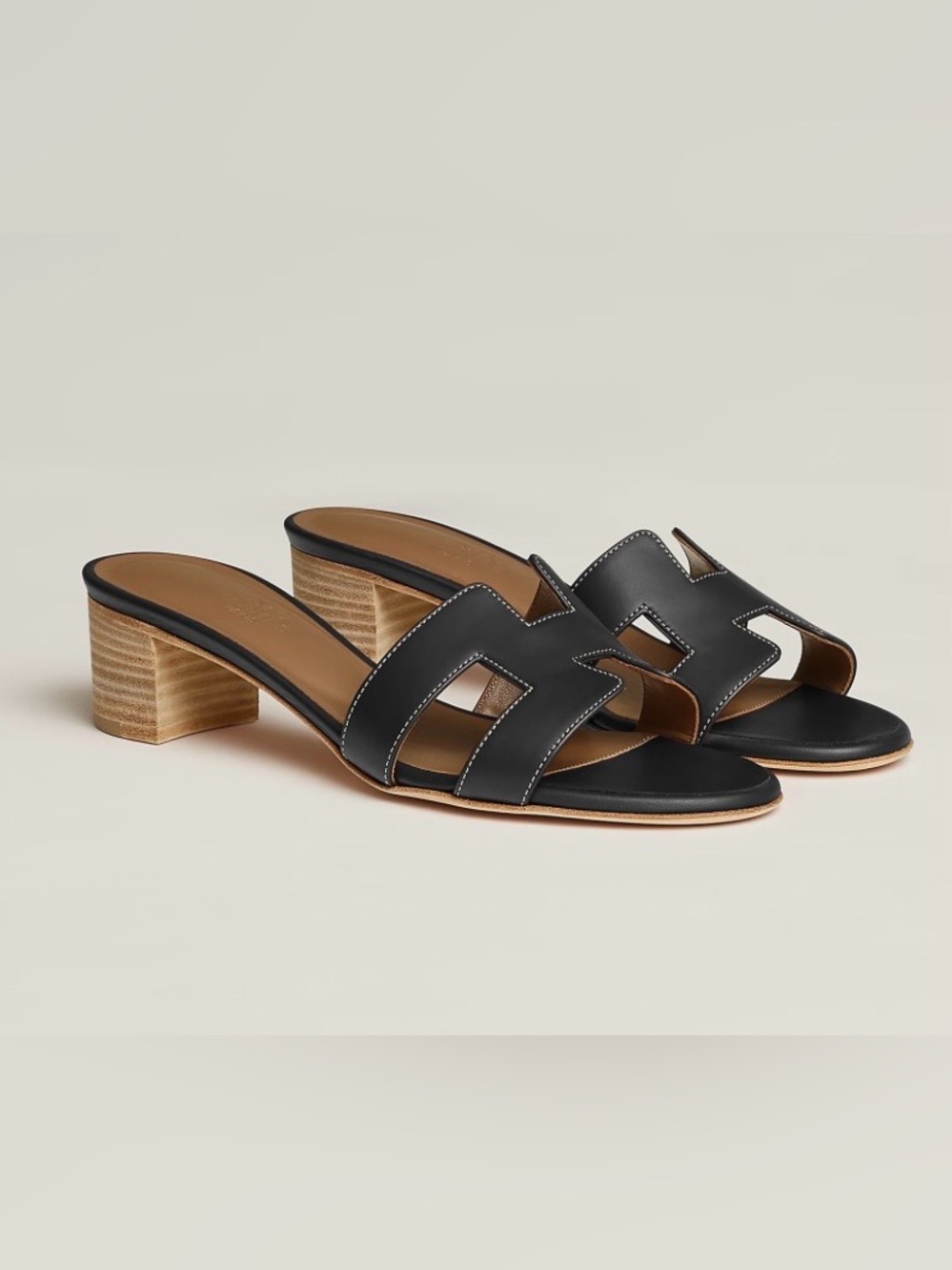 Hermes Oasis Black H-Design Leather Slide Sandals 37.5